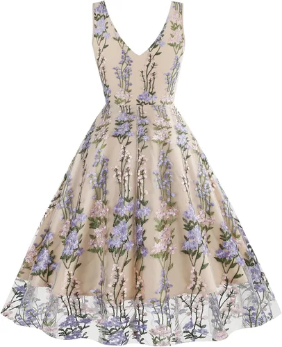 Vista 3 de Vestido de noche de tul con bordado floral para mujer, diseño de ilusión de malla transparente, vintage, cóctel, vestido de fiesta de boda, fiesta