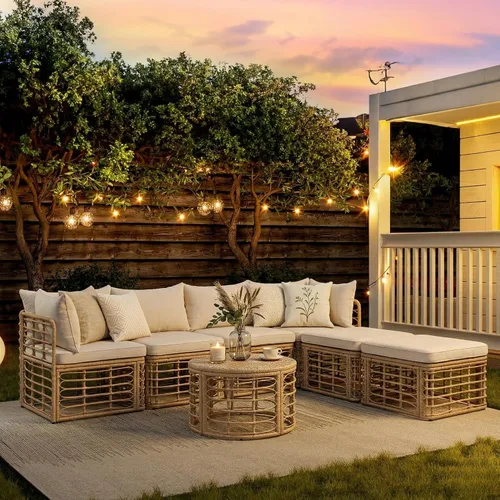 Vista 3 de Juego de 7 muebles de patio al aire libre, juego de sofá modular de ratán para todo tipo de clima con cojines gruesos y almohadas, mesa de centro