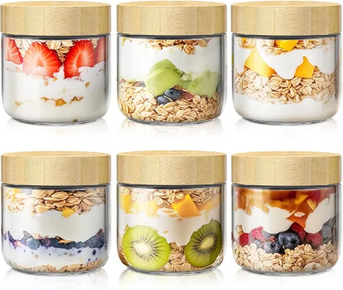 Vista 11 de Paquete de 2 recipientes para avena nocturna de 10 onzas con tapas de bambú, frascos de vidrio con tapas herméticas para preparación de comidas