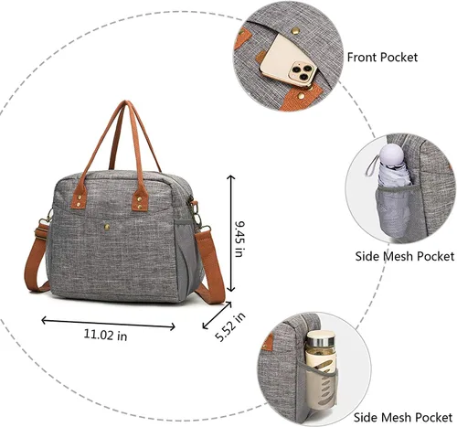 Vista 5 de Bolsa de almuerzo para mujer, bolsa de almuerzo impermeable con correa de hombro ajustable, trabajo (gris)