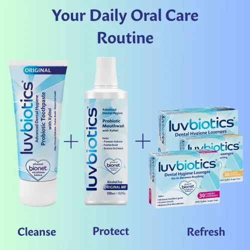 Vista 6 de Luv Biotics Enjuague bucal sin alcohol con probióticos orales, xilitol para un aliento fresco, salud de las encías y soporte para el microbioma