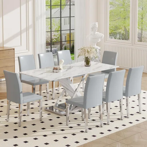 Vista 26 de Juego de mesa de comedor de mármol para mesa rectangular blanca de 6.63 pulgadas con marco de metal plateado en forma de X y 6 sillas de comedor