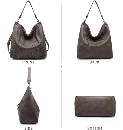 Vista 3 de Bolso de hombro grande Hobo para mujer con tachuelas de piel vegana