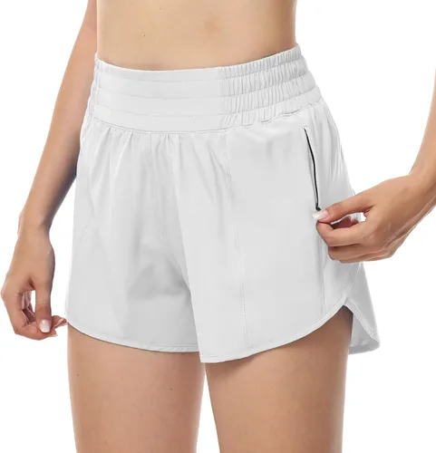 Vista 2 de Aurefin Pantalones cortos de correr para mujer, pantalones cortos deportivos de cintura alta con forro y bolsillo con cremallera, pantalones cortos