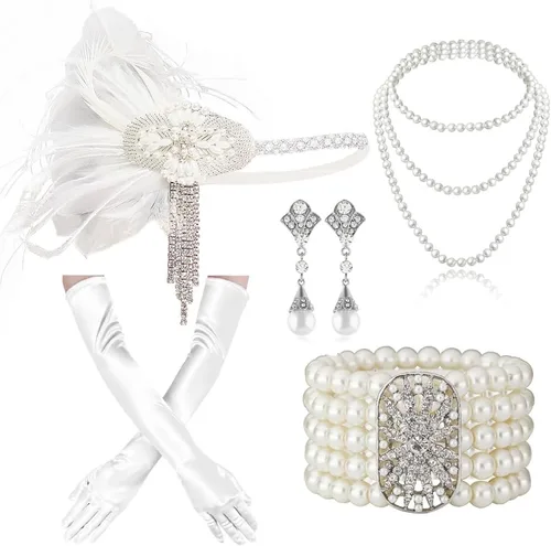 Vista 12 de (aa) - Juego de accesorios de estilo Gatsby de la década de 1920, para mujer, diadema de estilo flapper, tocado, collar, guantes 11AA