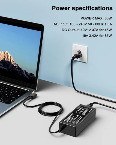 Vista 3 de Cargador para portátil de 65 W compatible con Acer Aspire 5 3 1 A515-54 A315-24P Chromebook N15Q8 N15Q9 N16P1 C738T C740 PA-1450-26, Swift 3, Spin 1