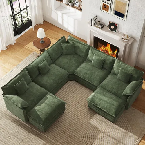 Vista 44 de Sofá de nube en forma de L de 77 pulgadas, sofá modular con otomana, cómodo sofá biplaza de felpilla con almohada para sala de estar, dormitorio