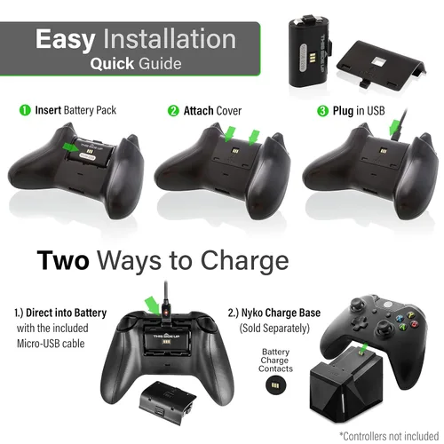 Vista 3 de Nyko Xbox One Power Kit Plus - Rechargeable Battery Kit with 2 Batteries, Black & White Covers, 8-foot Micro-USB Charge Cable - Ultimate Xbox