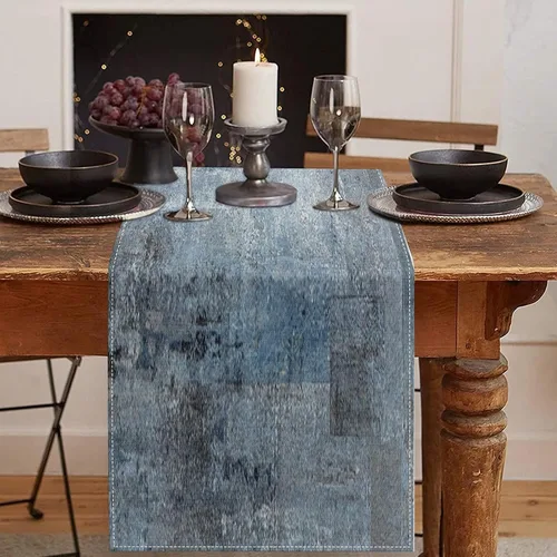 Vista 14 de Emvency - Camino de mesa de estilo granja, pintura de arte abstracto vintage en azul y gris para mesa de cocina, cenas familiares, fiestas, bodas