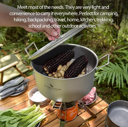 Vista 3 de Boundless Voyage Olla de cocina de titanio de 5L con tapa y mango plegable, olla grande para sopa para acampar al aire libre, senderismo, picnic