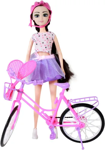 Vista 4 de Juego de muñeca morena con equipamiento deportivo y bicicleta rosa púrpura