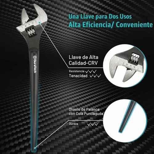 Vista 3 de DURATECH Llave inglesa de construcción ajustable de 8 pulgadas, acabado de óxido negro, acero CR-V, escala SAE y métrica marcada, orificios
