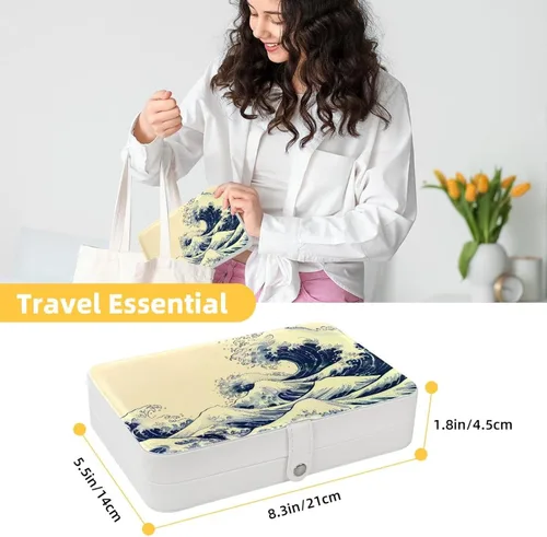 Vista 5 de Ocean Waves Retro Style Jewelry Box Necklace Ring Storage Organizer, PU Leather Jewelry case Portable Travel Jewelry Organizer for Women Girls
