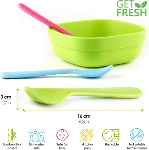Vista 3 de GET FRESH Juego de cucharas de bambú para niños, paquete de 4 cucharas reutilizables de fibra de bambú para uso diario, cubiertos grandes de bambú