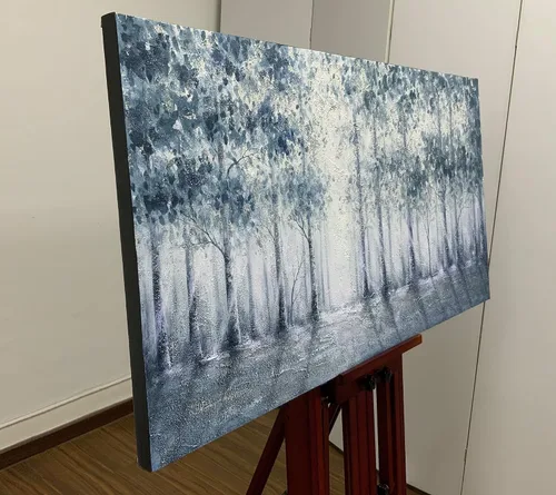 Vista 2 de V-inspire arte, 24x48 pulgadas moderno impresionista árbol arte 100% pintado a mano lienzo arte de la pared pintura al óleo grande azul gris