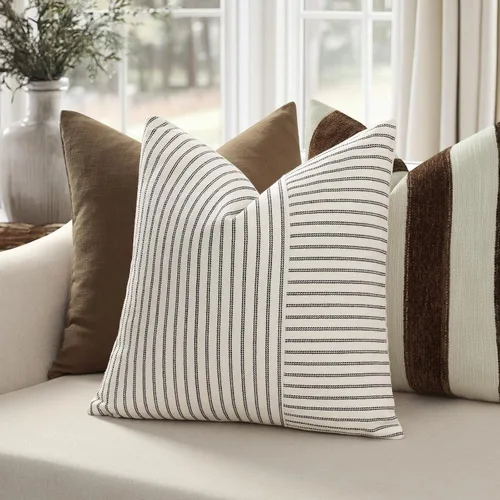 Vista 3 de Fundas de almohada de granja de 12 x 20 pulgadas, 2 fundas de almohada lumbares modernas, decorativas, de lino, con retazos de rayas negras y beige