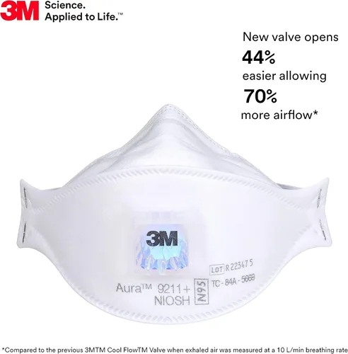 Vista 2 de 3M Aura - Respirador de partículas 9211+, N95, paquete de 10 respiradores desechables, envueltos individualmente, válvula de flujo frío, diseño