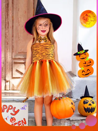 Vista 7 de Jiuguva Disfraz de animal de 4 piezas para Halloween, para fiestas infantiles, incluye tutú, diadema, orejas, corbatín y cola para cosplay (tigre)