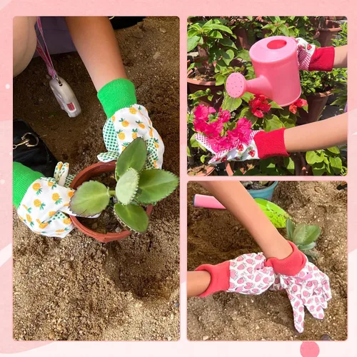 Vista 8 de Paquete de 3 pares de guantes de jardín para niños, guantes de jardinería para niños pequeños, regalos medianos para edades de 4 a 5 años, estilo 1