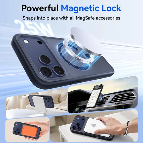 Vista 3 de Funda magnética 3 en 1 a prueba de golpes para iPhone 17 Pro, compatible con MagSafe, protección militar superior, 1 protector de pantalla + 1