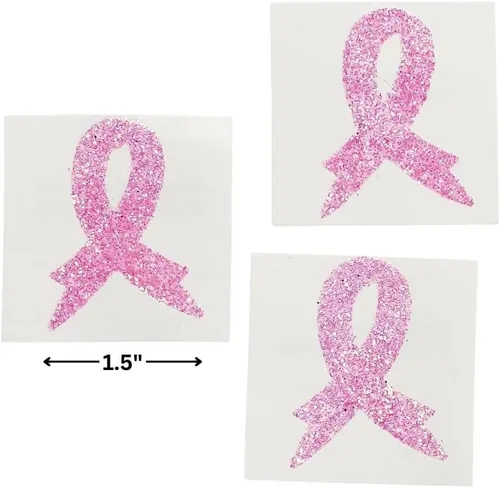 Vista 2 de Adhesivos para tatuajes corporales de concienciación sobre el cáncer de mama, cinta rosa con purpurina, 12 piezas