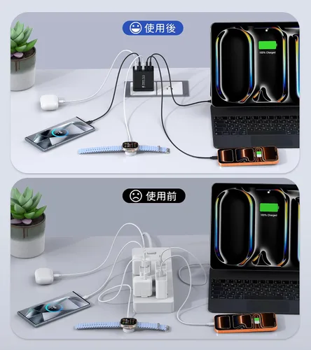 Vista 7 de [Paquete de 2] Cargador de pared USB C, bloque de cargador USB C de 50 W, bloques de carga rápida PD de 5 puertos, 2USB C + 3USB A enchufe