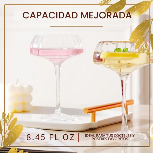 Vista 5 de Lysenn Juego de Copas Coupe de 4 - Copas de Martini Premium Sopladas a Mano - Perfectas para Cóctel y Champán – 8.45 oz, Transparentes