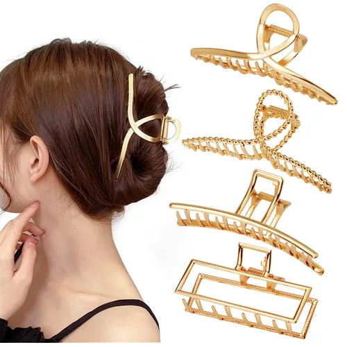 Vista 8 de Parcce Paquete de 4 Pinzas Grandes de Metal para Cabello de Rizado Fino a Grueso, Pinzas Grandes de Color Dorado Antideslizantes de 4.3 Pulgadas
