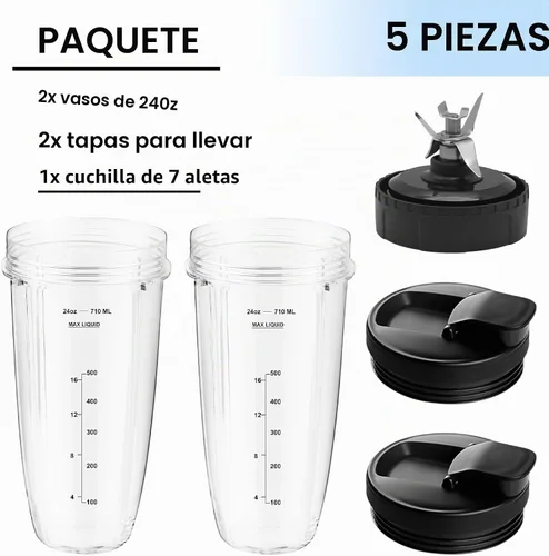 Vista 5 de Vasos de repuesto para licuadora de 24 onzas con tapa para Ninja, cuchilla extractora de 7 aletas compatible con Nutri Auto iQ BN401 BN751 BN801