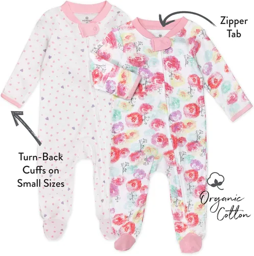 Vista 2 de HonestBaby Baby Girls' 2-Pack Organic Cotton Footed Pajama Sleep & Play