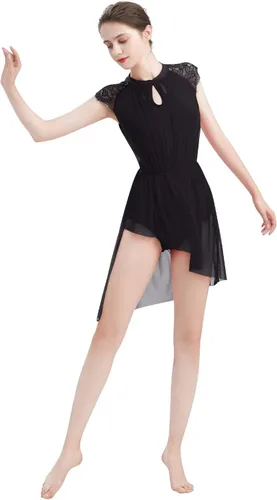 Vista 4 de ODASDO Elegante vestido de baile lírico para mujer, manga casquillo de encaje, falda de tul asimétrica, leotardo, disfraz contemporáneo, XS-XL