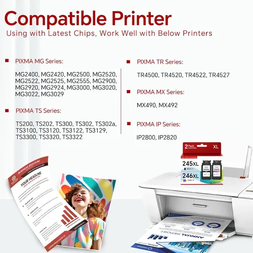 Vista 2 de 245XL 246XL Paquete combinado de cartuchos de tinta de repuesto para impresora Canon 245 246 PG-245 CL-246 XL MX490 MG2522 MX492 TR4520 TR4500