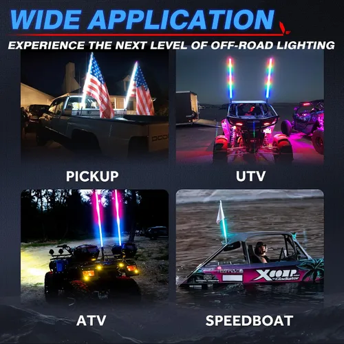 Vista 8 de MICTUNING 2PCS Luces LED Whip W1 de 3 pies con bandera y base de resorte, luces whip de persecución en espiral RGB+IC con APP, sincronización