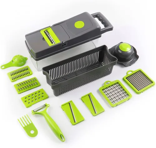 Vista 2 de Picador de verduras 15-1 con recipiente – Cortador de 8 cuchillas y rebanador – Cesta de drenaje, pelador, separador de huevos y muchos más