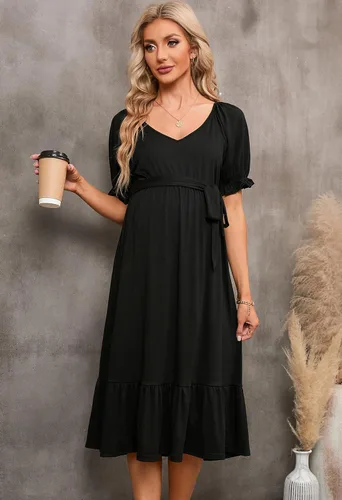 Vista 4 de Vestido de maternidad midi cuello en V cuello en V manga corta ropa para mujer embarazada