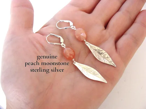 Vista 5 de Leaf and peach moonstone earrings, long, sterling silver, lightweight earrings, fun, nature theme, flashy, handmade