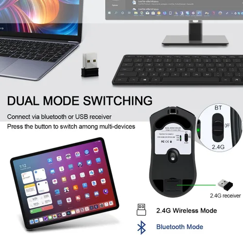 Vista 7 de Ratón inalámbrico Bluetooth (BT5.2+receptor USB 2.4G) Clics silenciosos silenciosos, funciona con modo dual para laptop, iPad, tableta, Apple