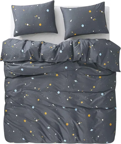Vista 4 de Wake In Cloud - Juego de edredón espacial, tela 100% algodón, temática de constelación con lindas estrellas, cohetes y astronautas para adolescentes