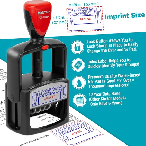 Vista 5 de MaxMark - Sello de fecha resistente estilo 3 con sello de entintado automático recibido, tinta negra