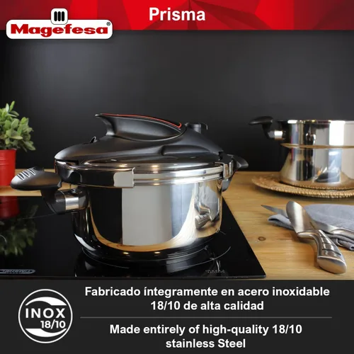 Vista 2 de MAGEFESA Prisma - Olla a presión, 4.2+6.3 cuartos de galón, acero inoxidable 18/10, fácil bloqueo, compatible con inducción, 5 sistemas