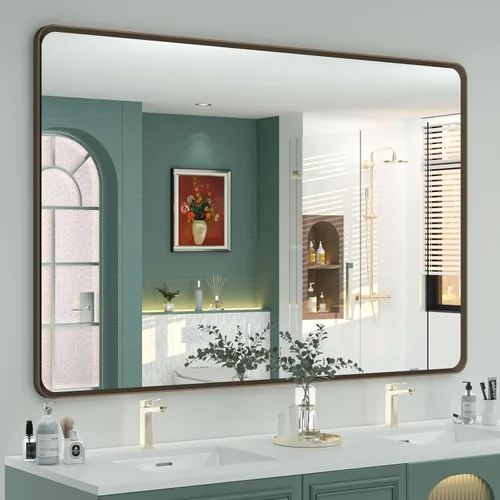 Vista 22 de OKPAL - Espejo de tocador de baño de 20x24 pulgadas con marco de metal cepillado en bronce, espejo de baño con marco de metal cepillado en bronce