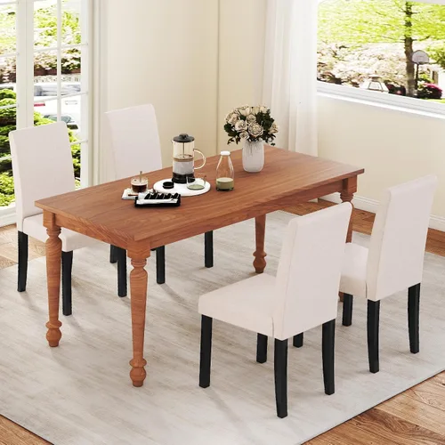 Vista 4 de COSTWAY Juego de 2 sillas de comedor sin brazos de tela, sillas laterales tapizadas de cocina con patas de madera de goma, asiento acolchado y Beige