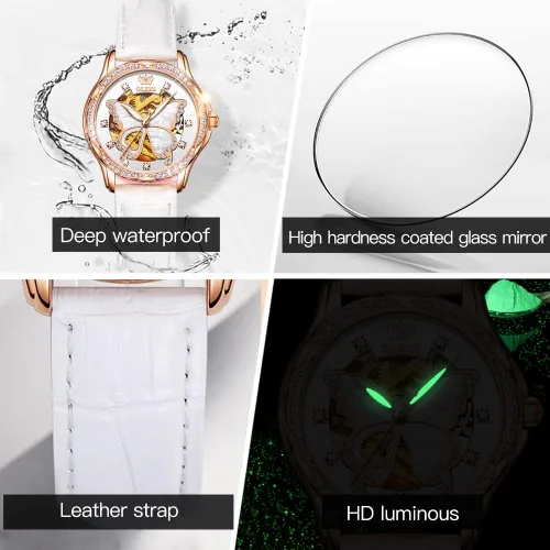 Vista 5 de OLEVS Reloj mecánico automático para mujer, correa de cuero, cuerda automática, reloj de pulsera para mujer, esfera de corazón de diamante