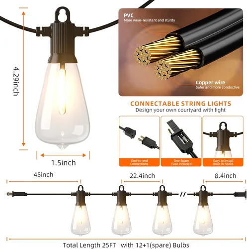 Vista 5 de Kawaya Guirnalda de luces para patio al aire libre: luz LED de 25 pies para patio exterior con 12 bombillas vintage inastillables - 2700 K regulable
