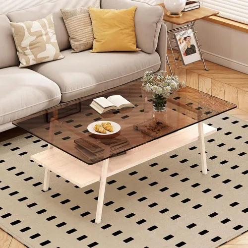 Vista 12 de IANIYA - Mesa de centro moderna de cristal, mesa de centro pequeña de mediados de siglo, mesa de centro para sala de estar con estantes de madera