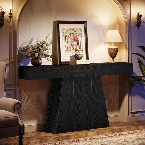Vista 6 de Tribesigns Mesa consola negra de 63 pulgadas, mesa de entrada de granja con base trapezoidal, mesa de sofá estrecha y larga de madera detrás
