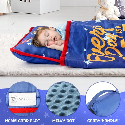 Vista 3 de TANOSHII® Tapete para siesta para niños pequeños con almohada y manta, tapete portátil para dormir para niños, para guardería, preescolar, 21 x 53