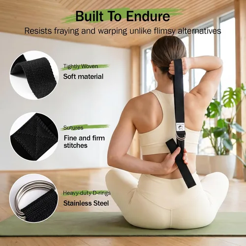 Vista 3 de Correa de yoga Slim Panda para estiramiento, Correa de yoga de algodón con hebilla ajustable en forma de D, Correa de yoga no elástica para pilates