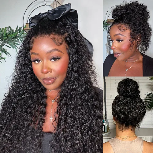 Vista 20 de Pelucas de cabello humano ondulado con encaje frontal 360 con correa oculta, nudos blanqueados, sin pegamento, previamente despuntadas, precortadas