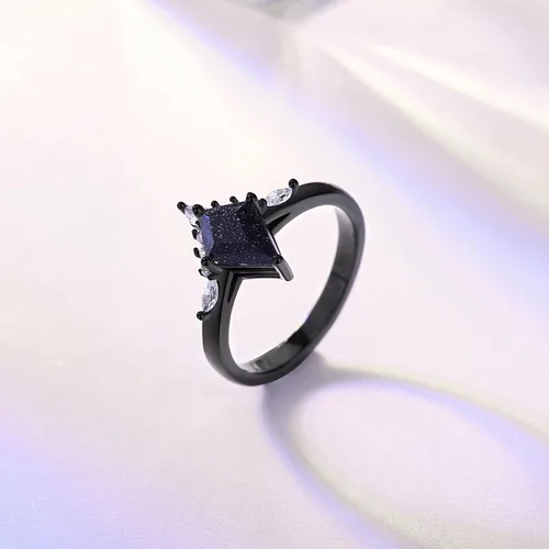 Vista 2 de Anillo de boda gótico negro con piedra arenisca azul, anillos de promesa únicos para mujer